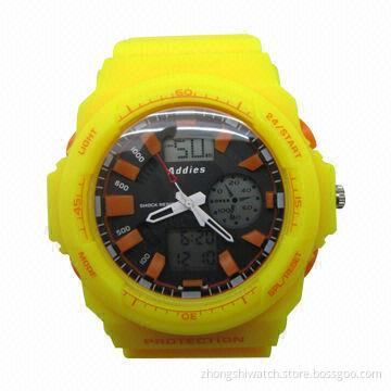 New Yellow Dual Quartz Digital Men's Gift Analog Watch with ABS Case/PU Band, 3ATM Water-resistant